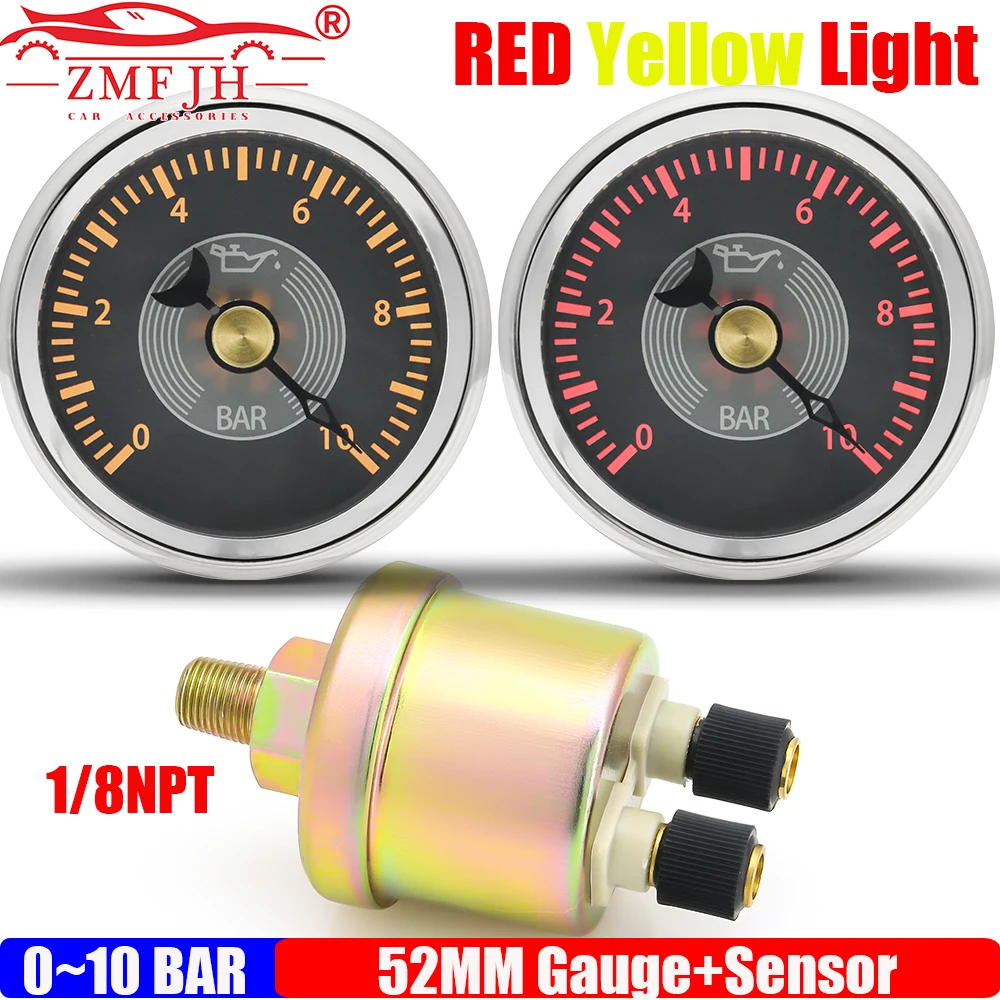 

ZMFJH 0-10BAR 52MM Oil Pressure Gauge with Sensor 1/8NPT Red Yellow Light Pointer Oil Press Meter Retro For Car Boat Yacht Motor