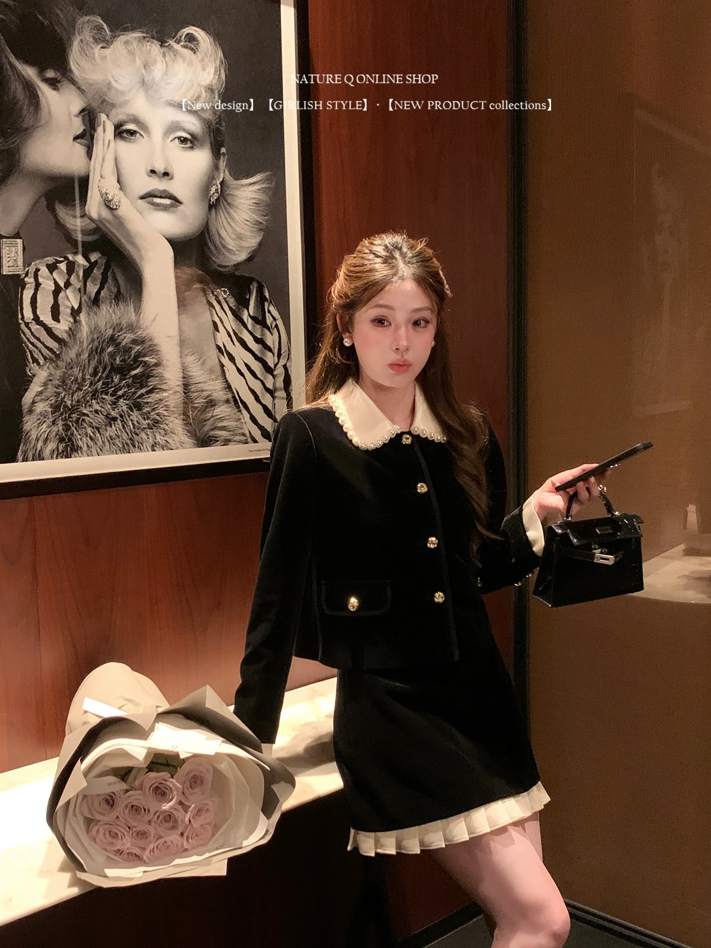 Black Velvet Two-Piece Set Pearl Collar Miu Style Rich Girl Fashion Elegant Pearl Doll Collar Jacket + Mini Skirt Casual Outfit