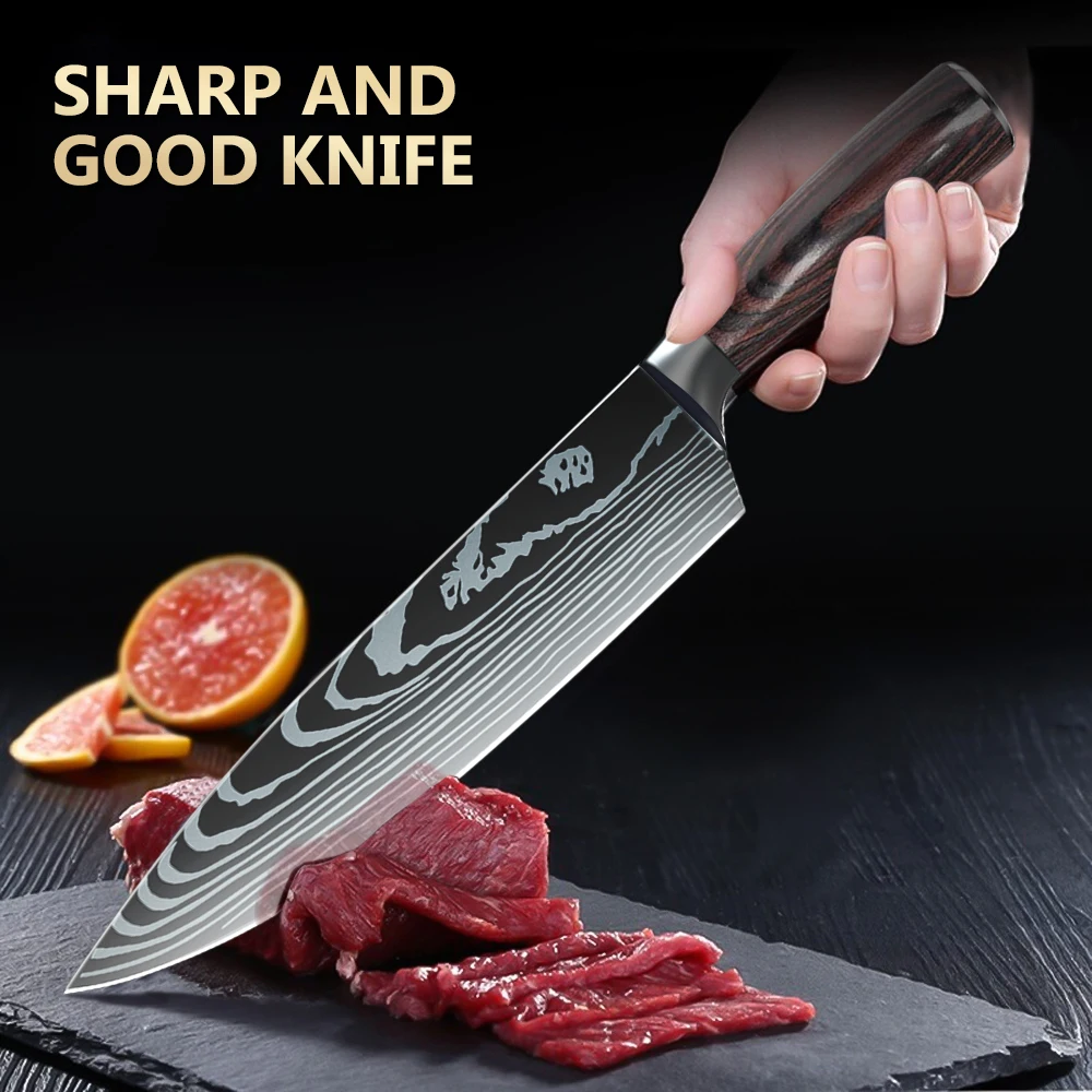 5pcs High Quality Chef Knife 7CR17 High Carbon Stainless Steel Japanese Series Damascus laser pattern Sharp Blade Kitchen Knife