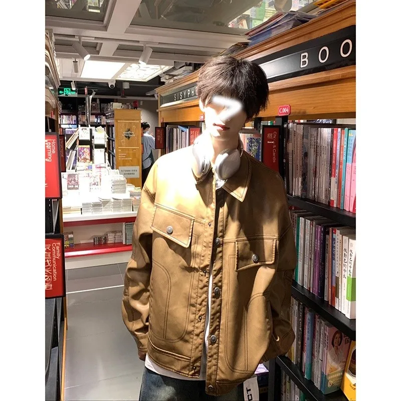 

Retro American Coffee Brown Leather Jaet Men's Sle Autumn Cool Motorcycle Jaet 2024 New Model Loose Fit Youth Trend
