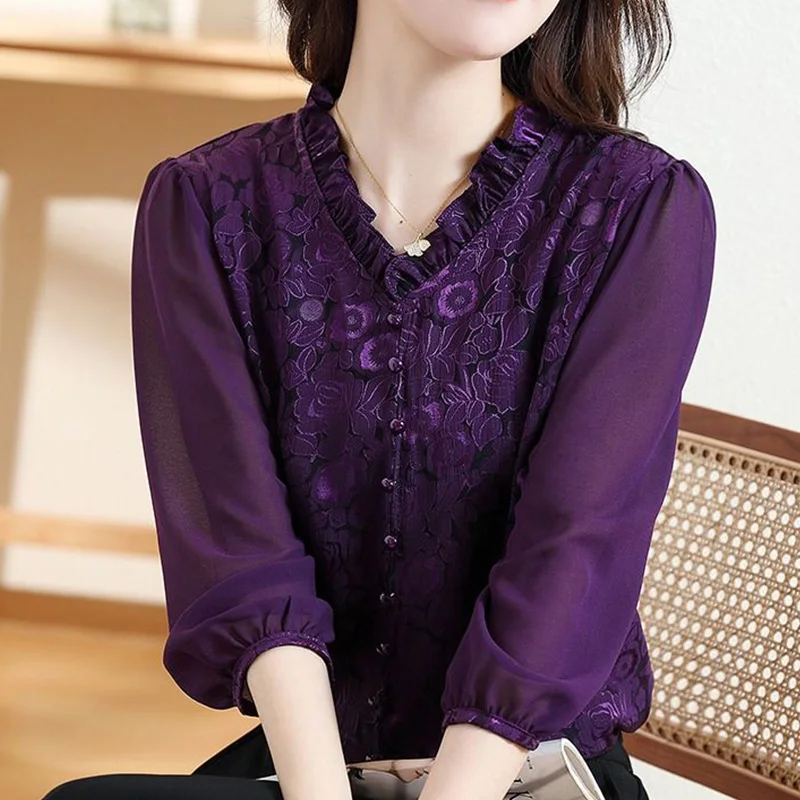 2024 New Summer Chic Elegant Fashion Bohemian Retro Office Lady Women\'s Shirt Lace Solid Color Print V Neck 3/4 Sleeve Y2K Tops