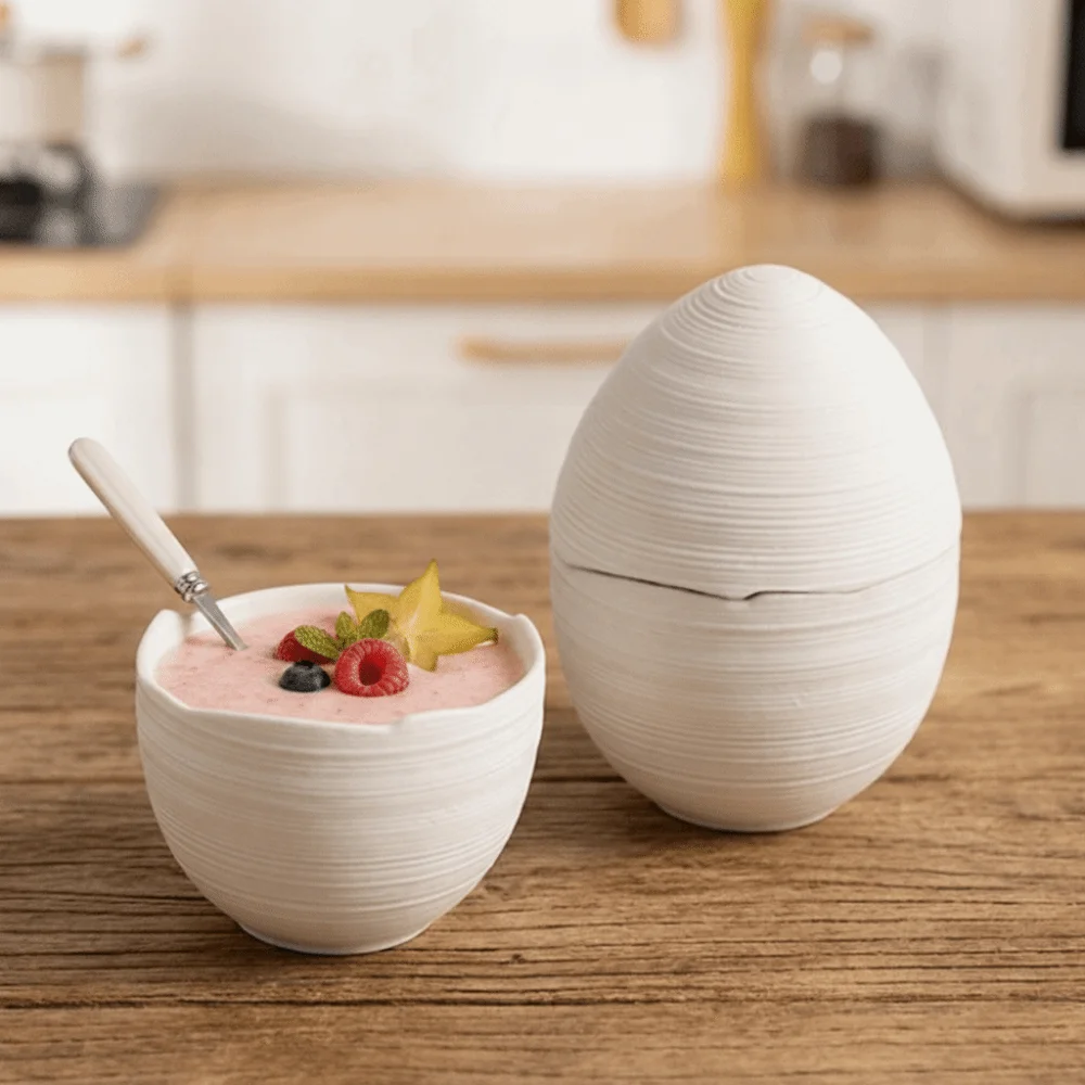High-end Striped Pattern Egg Shaped Ceramic Dessert Bowl Heat-resistant Thick Yogurt Bowl with Lid Steamed Egg Bowl Pudding