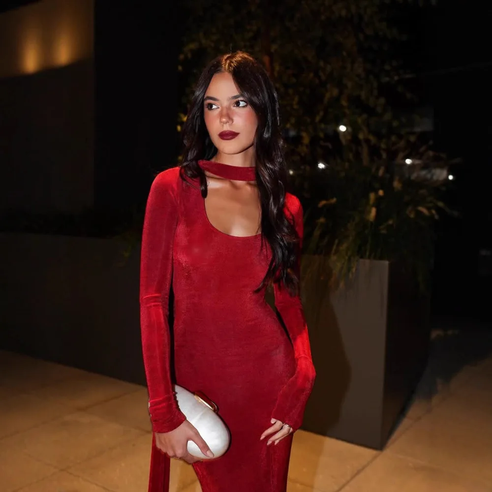 Women Red Velvet Bodycon Maxi Party Dress with Scarf Elegant O Neck Full Sleeve Slim Evening Gown Birthday Long Robe Vestidos