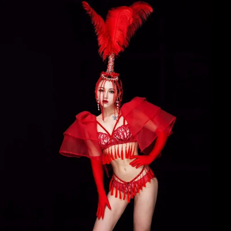 

Red Feather Beading Headgear Bikini Dance Outfit Women Nightclub Party Show Stage Wear Bar Concert Singer Performance Costume