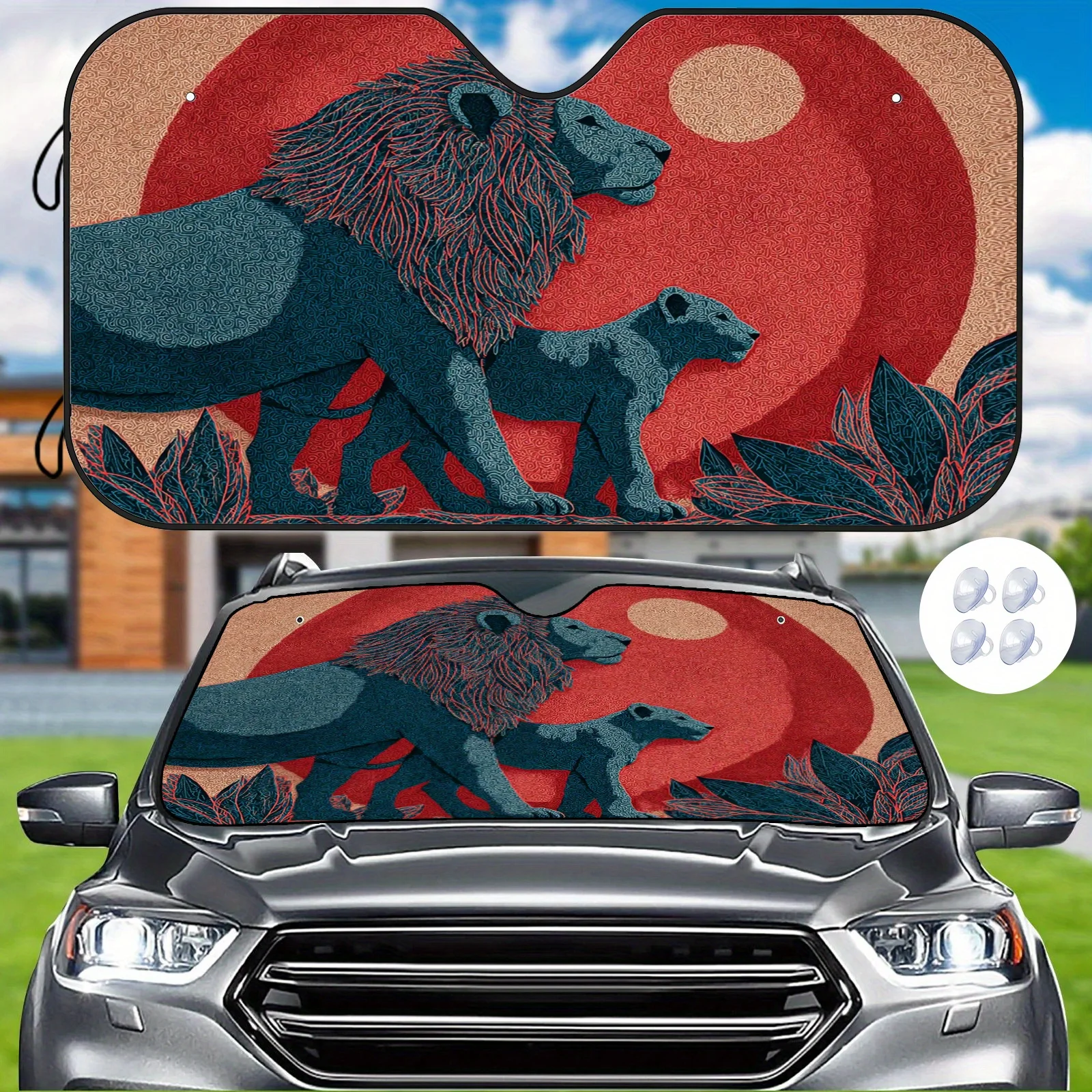 A Line Drawing Of A Red Sun Group For A Sunshade, Featuring Vintage Art Design, Easy To Install And Durable, Comes With 4 Suctio