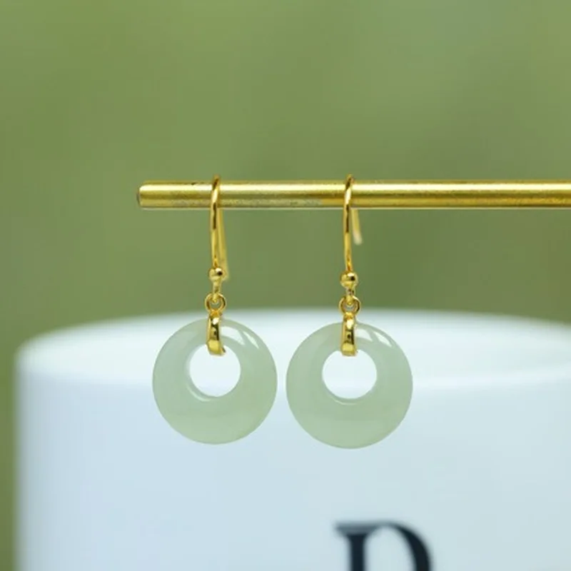Hetian Peace Earrings S925 Silver Inlaid With Gold White Jade Ear Hooks Women