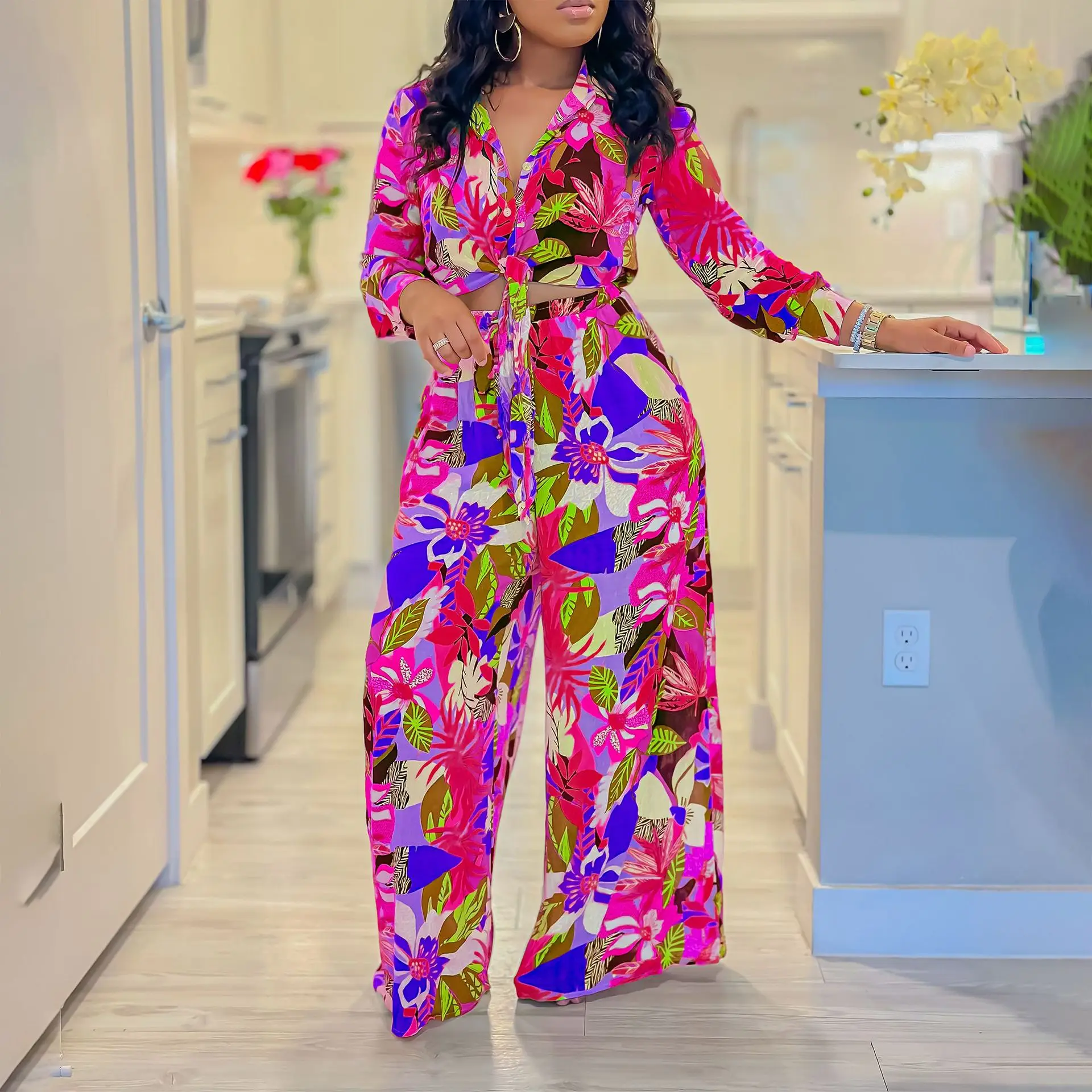 2 Piece Women Sets 2024 New Arrival Summer Autumn Matching Sets Flower Print Two Pieces Sets Top Pants Suits Outfits Clothing