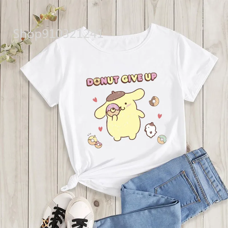 

Pompompurin T Shirt Women Kawaii Donut give up Fashion Graphic Tee Print Anime Female Tshirt Cute Clothes Cartoon Girl T-shirts