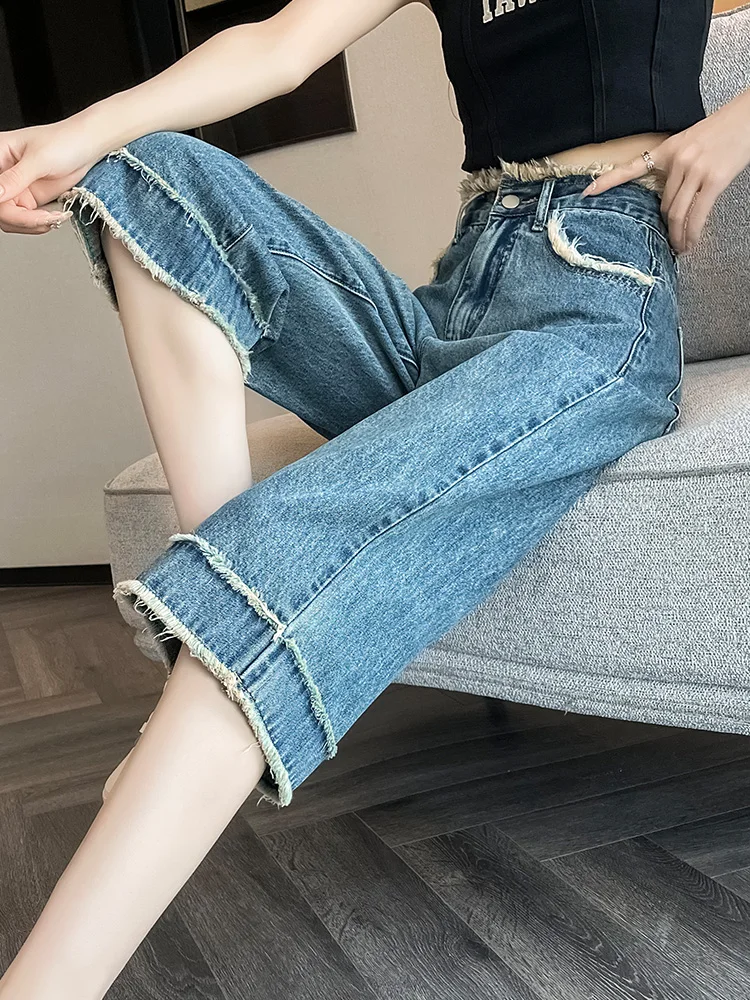 Jean de lavage de Style américain Vintage pour femmes, coupe ample, jambes larges, pantalon à sept points, marque tendance, Streetwear décontracté, Wh2, été