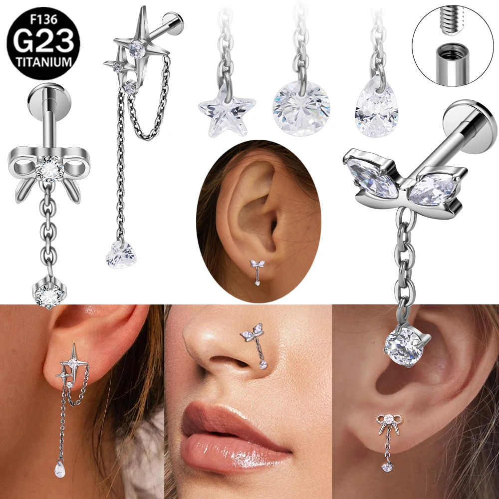 Convertible Titanium Internally Threaded Chain Earrings High-End Star Bow Chic Cartilage Stud Statement Nose Ring Piercing Body
