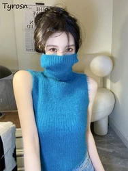 Fluffy Turtleneck Tanks Women Autumn Winter Sexy Knitted Crop Tops Fashion Hot Girls Holiday Streetwear Basic Sleeveless Clothes