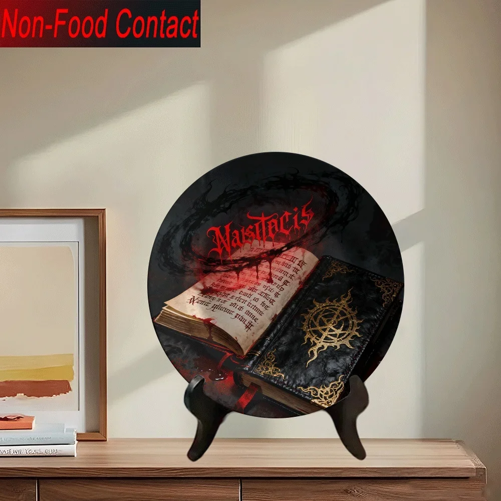1pc Gothic Ceramic Decorative Plate - Maleficis Dark Fantasy Design with Blood Red Text & Golden Pentagram, Non-Food Contact