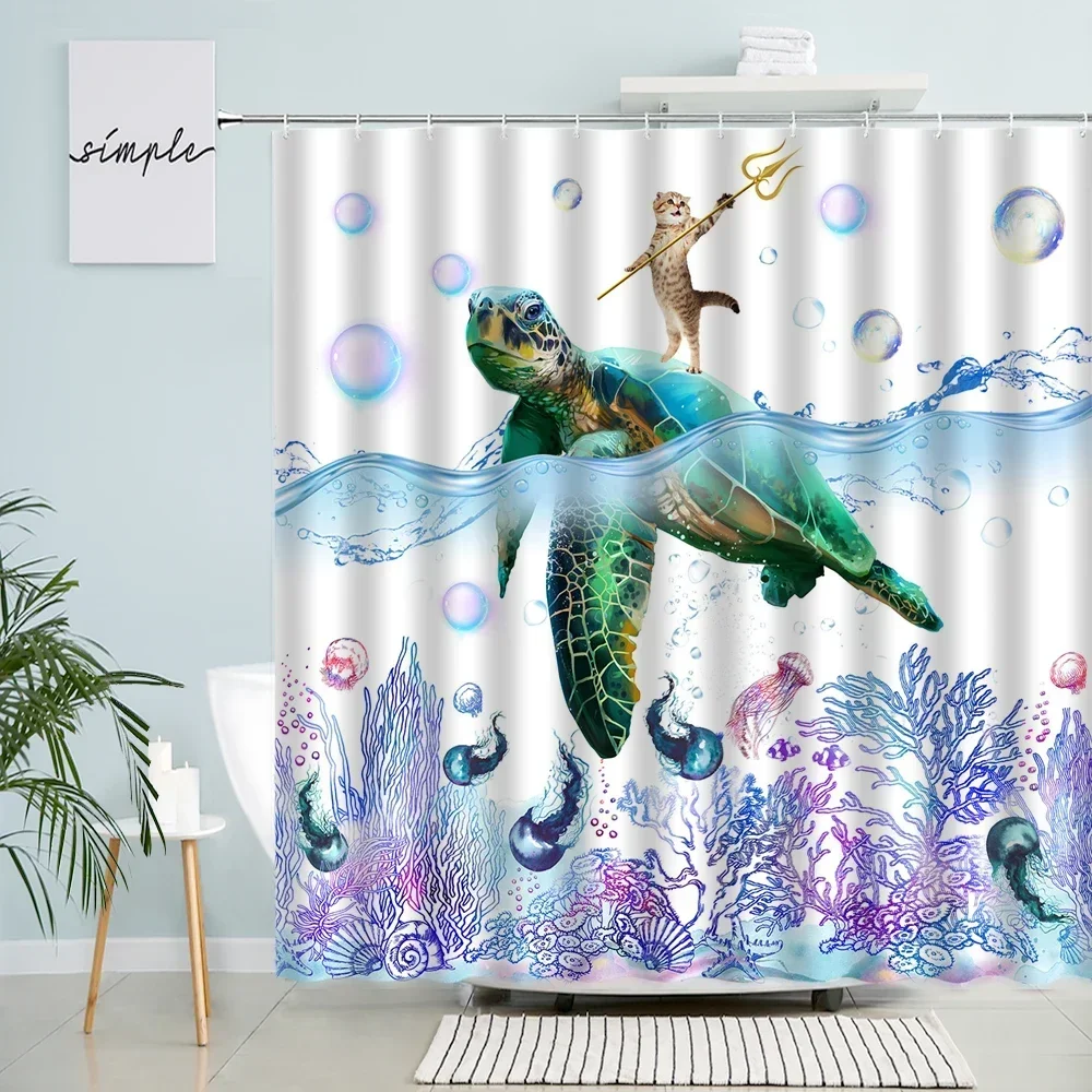 Creative Diving Dog Shower Curtain Starfish Coral Water Grass Fish Sea Turtle Bath Curtains Marine Animals Bathroom Decor Sets