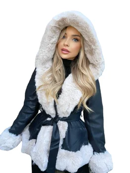 Image RR1492 PU Leather Short Jackets Women Fashion Tie Belt Waist Coats Women Elegant Faux Fur Hooded Coats Female Fur Lined Ladies