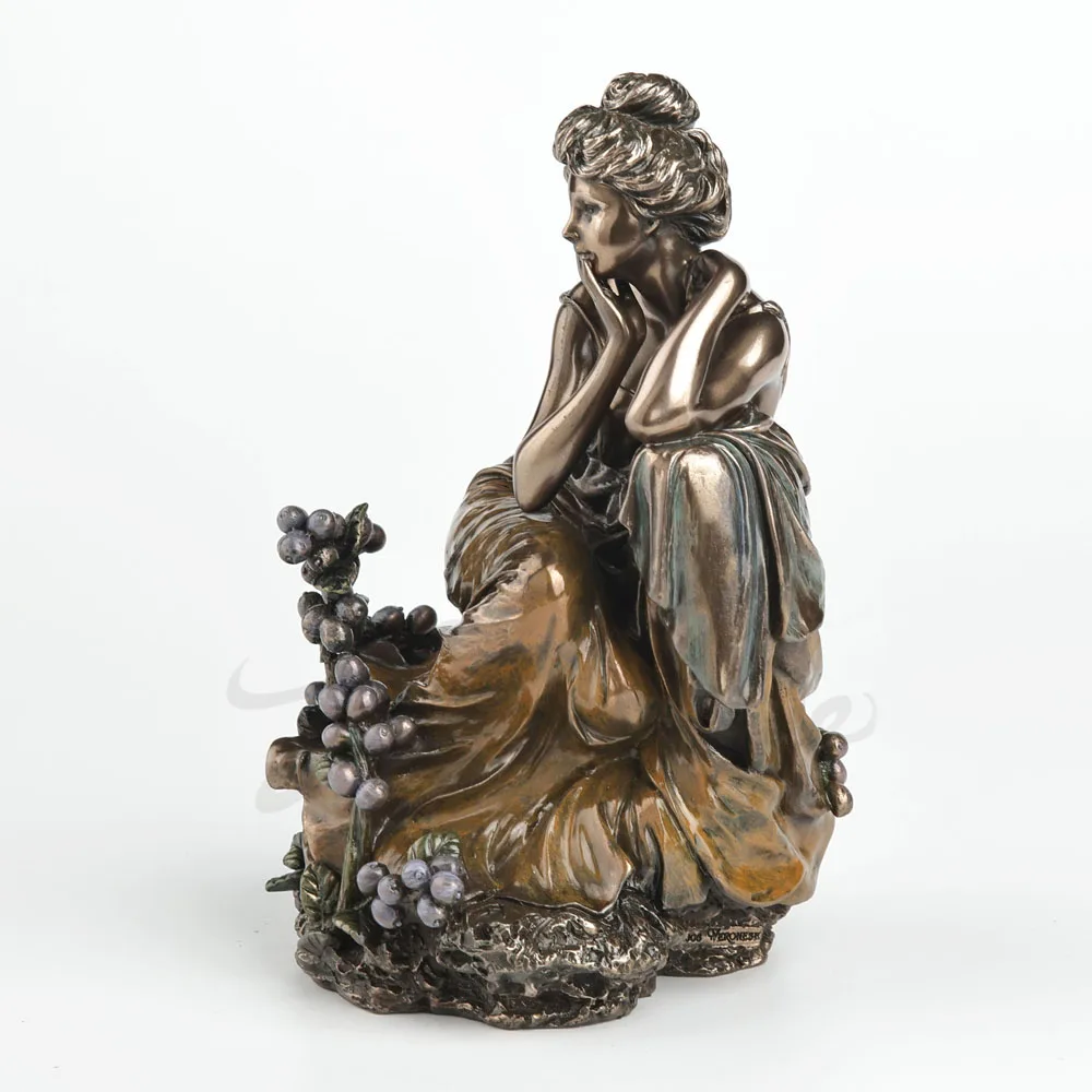 Antique Bronze Crouching Goddess Statue Vintage Thinking Lady Sculpture with Berry Plants Mythology Female Figurine Home Decor