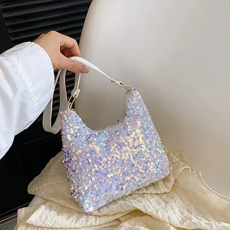 New Fashion Contrast Sequin Shoulder Bag Colorful Sequin Casual Crossbody Bag Women Versatile PU Leather Zipper Underarm Bag