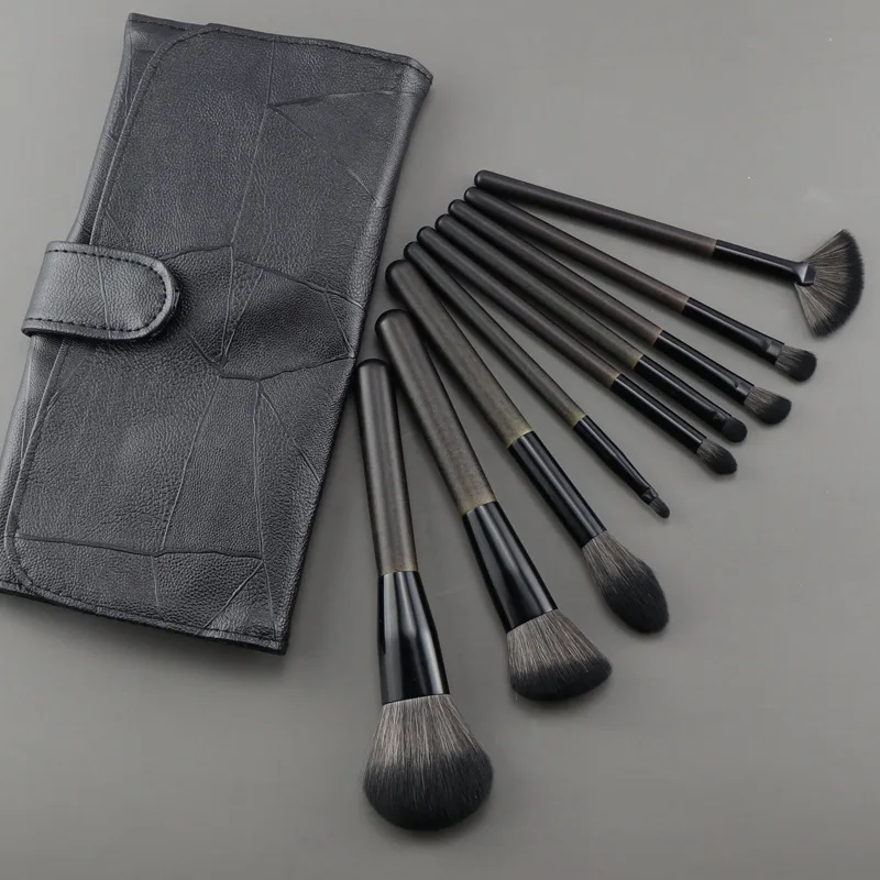 9pcs Wooden Handle Cosmetic Brush Set with Aluminum Ferrules - Soft Bristled Powder, Contour, Eyeshadow & Highlight Brushes