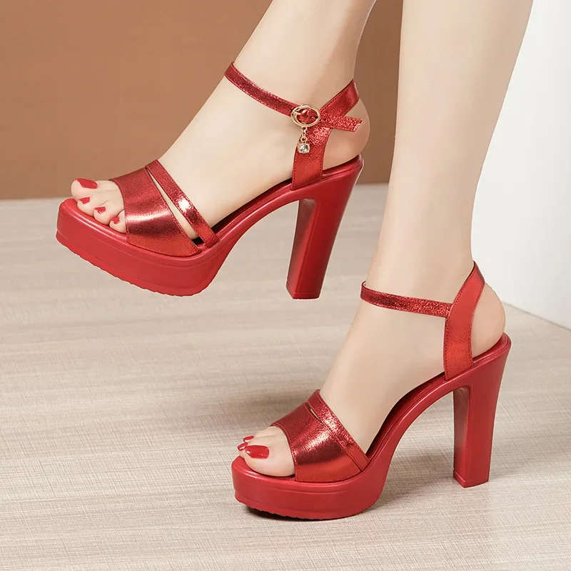 Small Size 32-43 Red Silver Wedding Shoes Women Block High Heels Summer 2023 Elegant Chunky Platform Sandals for Office Model