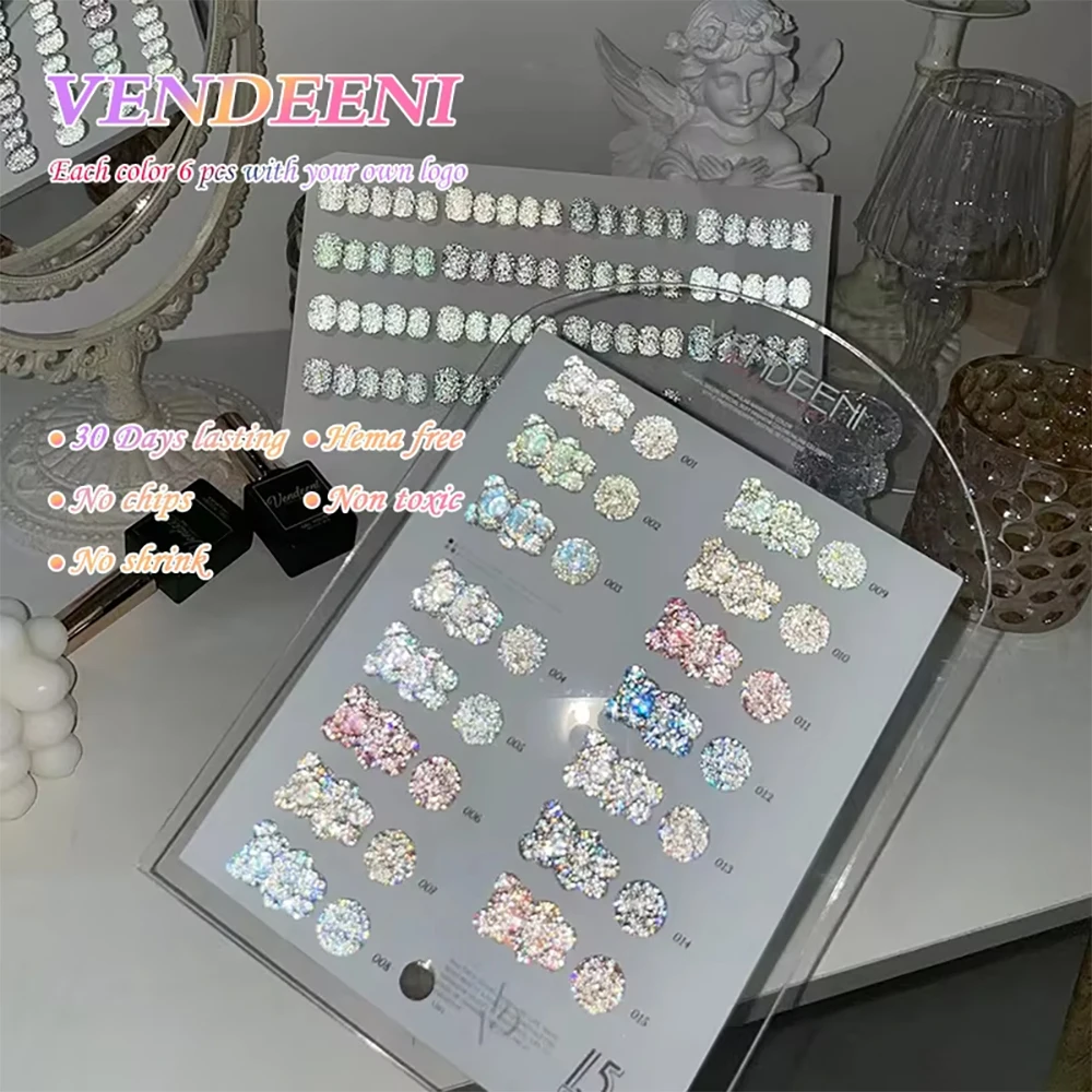 Vendeeni 15 Farben/Set Glitzer-Broken-Diamond-Gel-Nagellack, semi-permanenter Flash-Laser-UV-Soak-Off-Gel-Lack mit Display – Detail 2