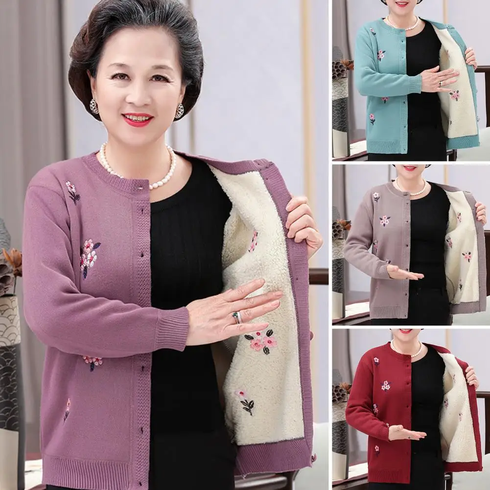 Women Sweater Cardigan Autumn Winter Knitted Sweater Coat Flower Pattern Embroidery Middle-aged Old Women Cardigan Coat