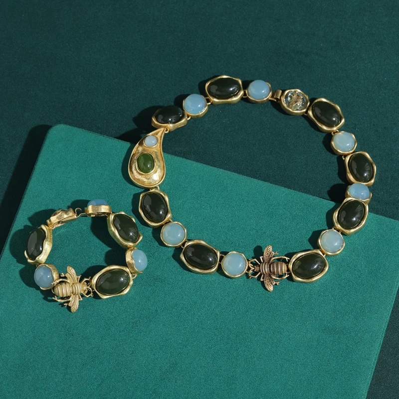 Vintage Blue And Green Agate Bee Jewelry Sets Gold Color Necklace Bracelet Luxury Trendy Classic High Quality Gifts For Women
