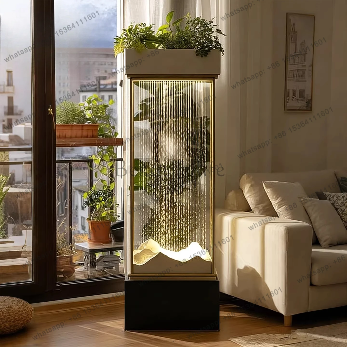 Stainless steel ornament living room balcony landscaping landscape floor-to-ceiling water feature flower stand with lamp