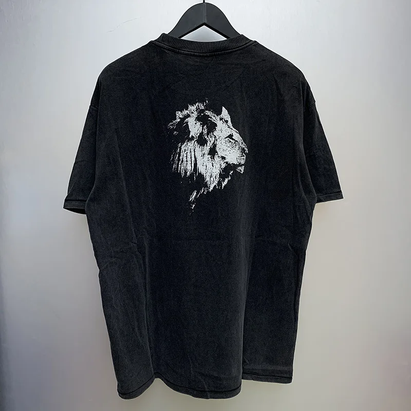 New Vintage Wash Black Saint T-shirt Sheep Lion Head Pattern Printing Men Woman Loose Best Quality Tops Tee