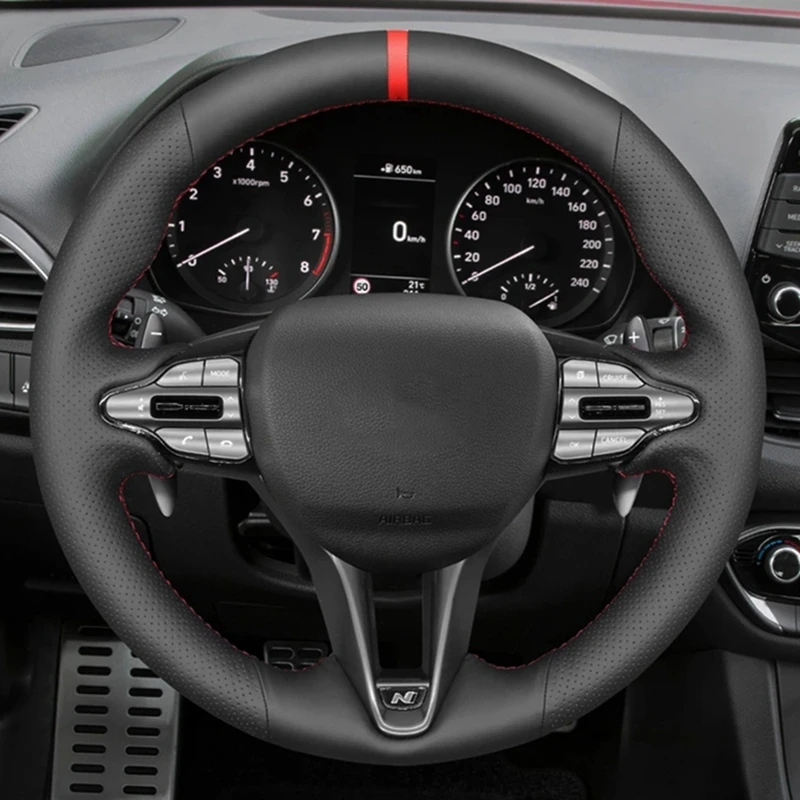 Anti-Slip Blakc Artificial Leather Braid Car Steering Wheel Cover For Hyundai i30 N 2018 2019 2020 Veloster N 2019 2020 2021