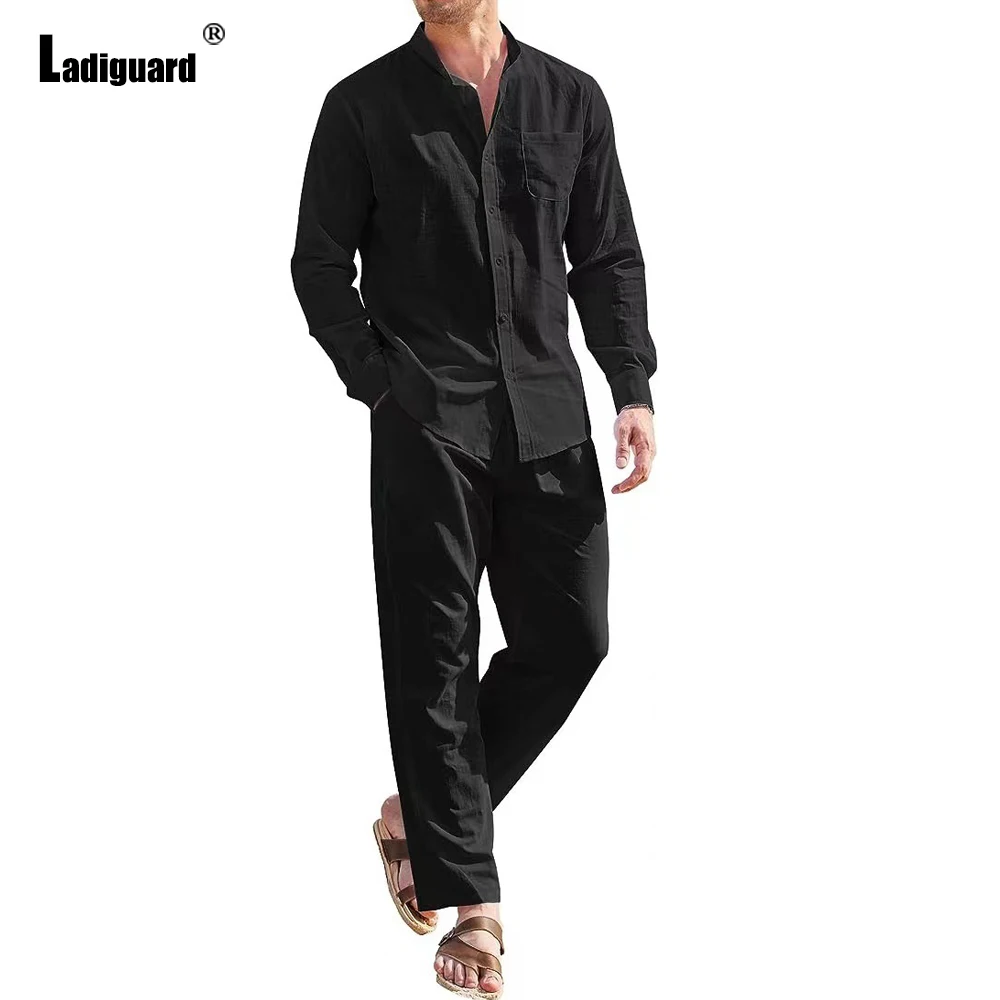 Ladiguard-Conjunto de dos piezas de lino para hombre, ropa informal de talla grande, Tops básicos de estilo europeo y pantalones blancos, chándal de