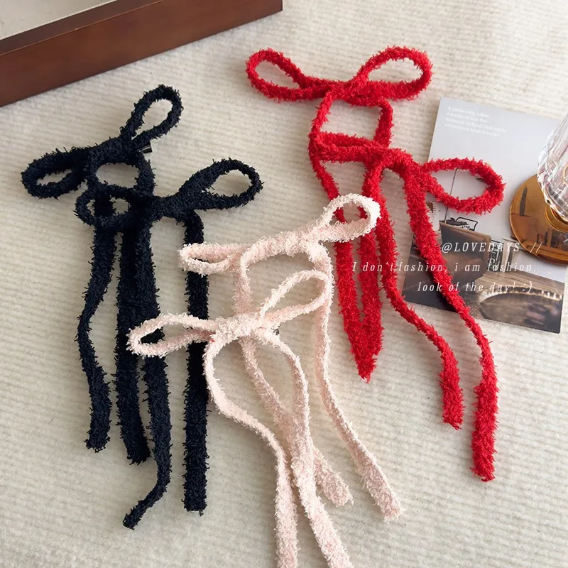 Hair Clip 1 Pack Plush Bow Long Ribbon Cute Sweet Side Hair Clasp for Pigtails Girls Daily Wear Premium Soft Durable