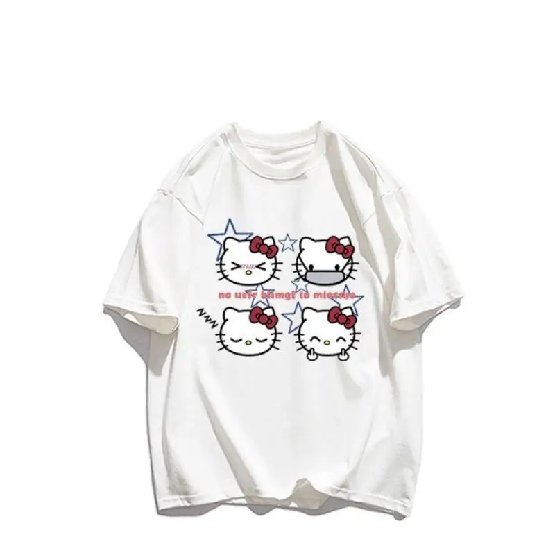 تي شيرت كارتوني من Sanrios Hello Kittys Kawaii لطيف بأكمام قصيرة فضفاض ومتعدد الاستخدامات ومريح وقابل للتنفس هدية لصديقتك