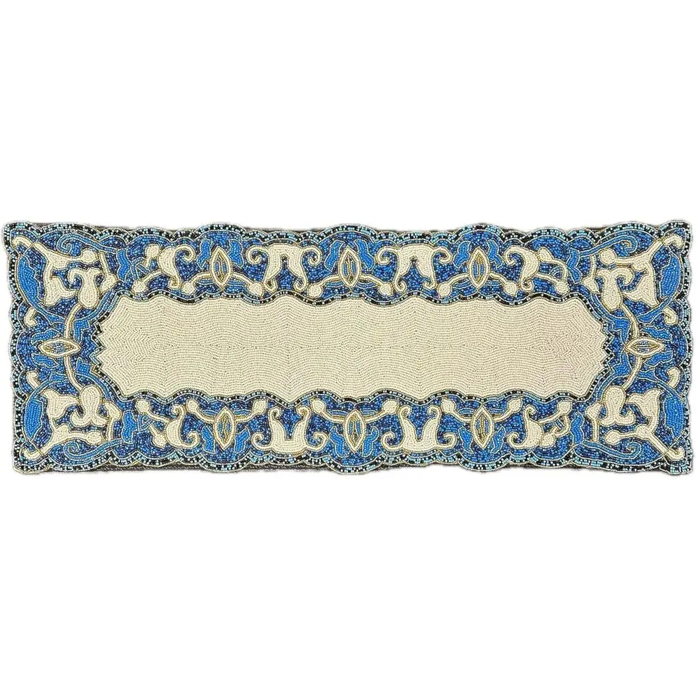 

Durable Embroidered Table Runner, Heat & Scratch Resistant, 54x13 Inches, White & Blue Kitchen Decor