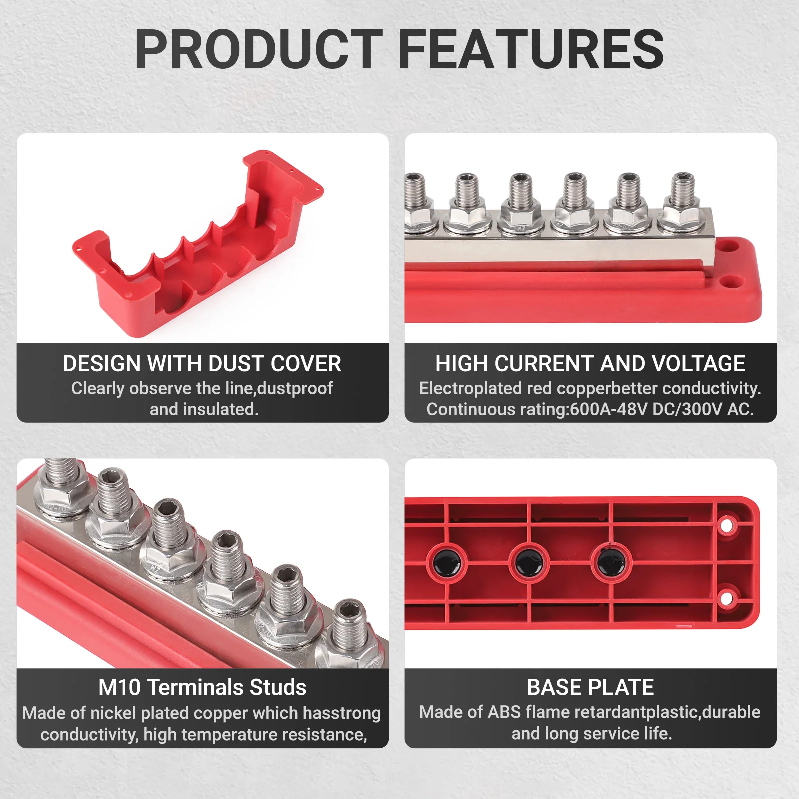 Red Black Copper Bus Bar Ground Distribution Block 12-48VDC With Cover For Caravan Truck Boat Car Camper RV 600A 6 Stud M10 3/8"