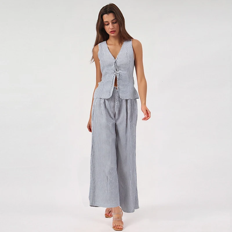 

Summer Cotton And Linen Striped Women's 2 piece set New Casual Sleeveless V-Neck Lace-Up Top + Loose Pants Suit Woman Outfit