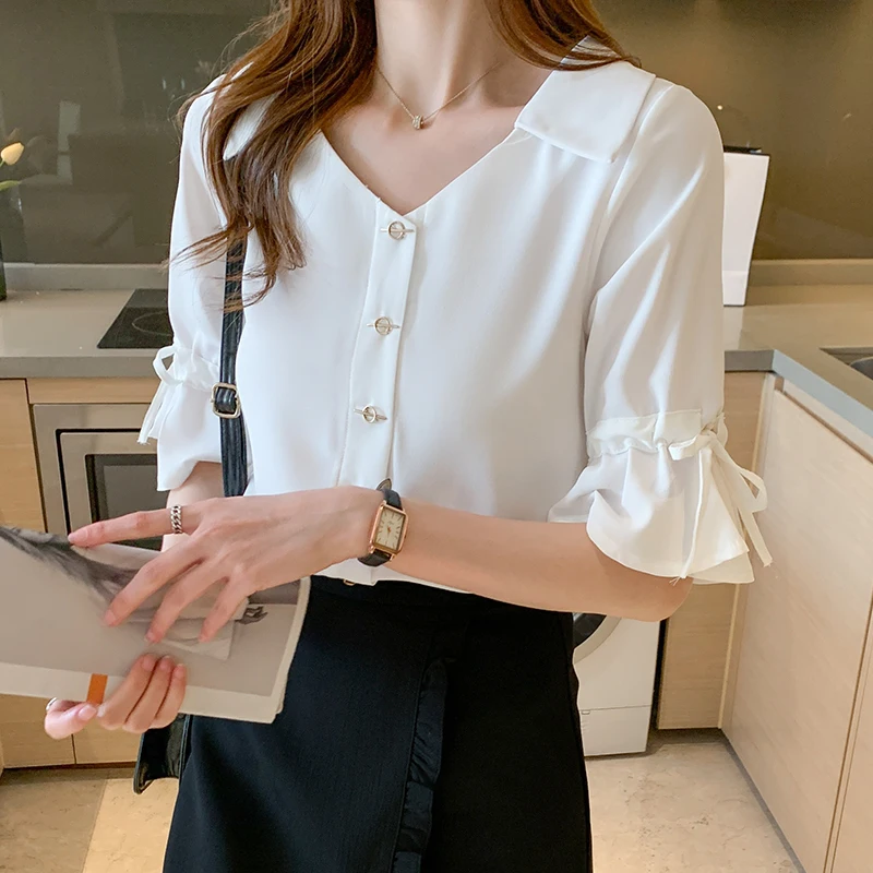 Summer Fashion V-neck Flare Sleeve Chiffon Shirts Vintage Solid Chic Button Commute Blouse Women Clothing Temperament Tops