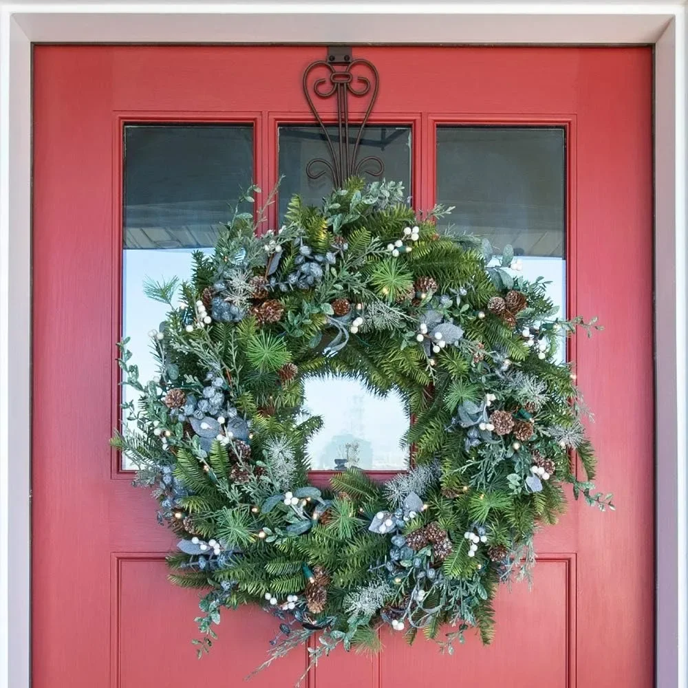 30 Inch Rustic White Berry Artificial Christmas Wreath - Pre-Lit with 50 Warm Clear LED Lights for Natural Holiday Decoration