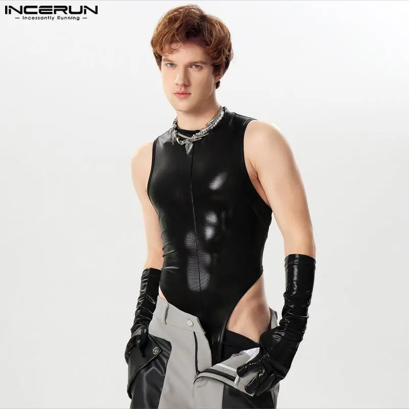 INCERUN 2024 Sexy Men\'s Homewear Jumpsuits Fashionable Flash Fabric Glove Design Rompers Casual Male Sleeveless Bodysuits S-5XL