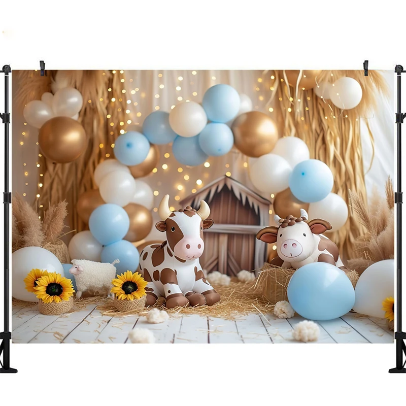 LS Photography Background Farm Barn Cow Balloon Decoration Props Kids Birthday Party Cake Smash Photo Backdrop Studio