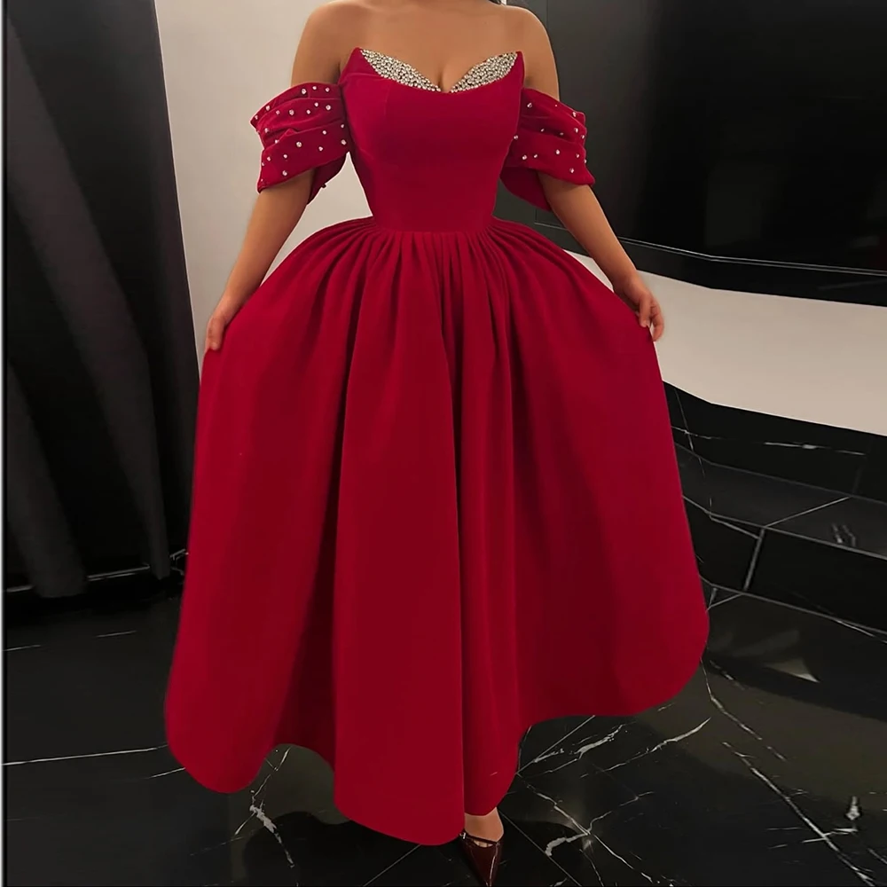 

Elegant Red Evening Dresses Off The Shoulder Sleeveless Ankle-length Prom Gown Fashion Crystal Draped Party Gown Customized