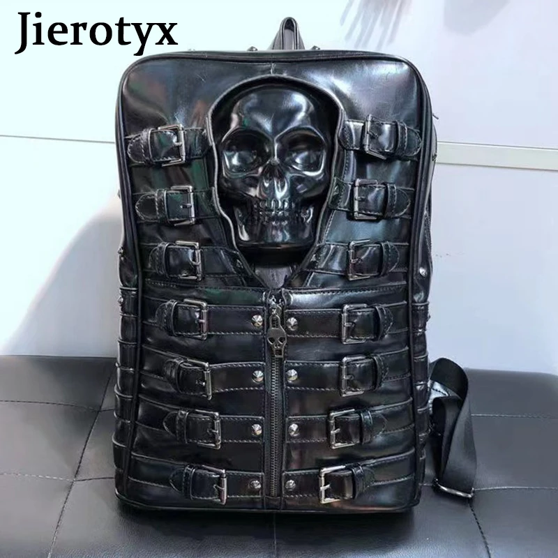 JIEROTYX-Bolso de viaje de estilo Punk para mujer y hombre, mochila de día con calavera negra, hebilla de cinturón, decoración, bolsos góticos de