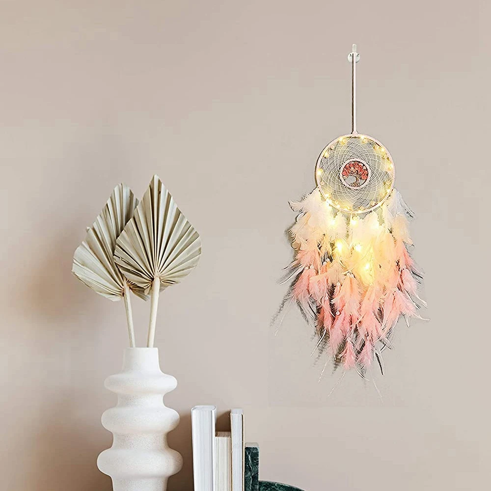 Dream Catcher Hanging Ornament Decor Handmade LED Lights Pink Feather Healing Crystals Dreamcatchers for Home Wall Decor HOT