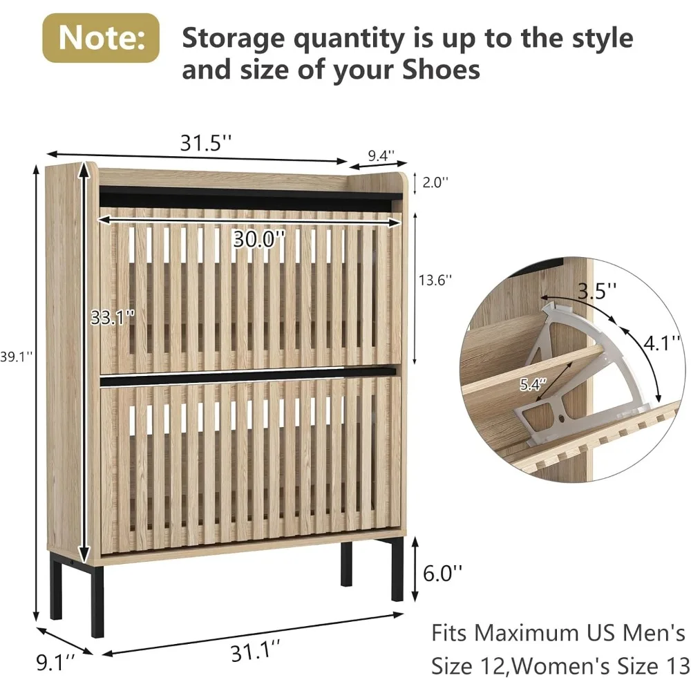 Shoe Cabinet for Entryway, Slim Hidden with 2 Flip Drawers, Metal Leg for Closet,Hallway, Adjustable Middle Shelf, Easy Assembly