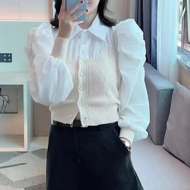 Women\'s Spring Autumn New Korean Commute Bubble Sleeve Spliced Polo Collar Knitted Shirts Fashion Button Ruched Long Sleeve Tops