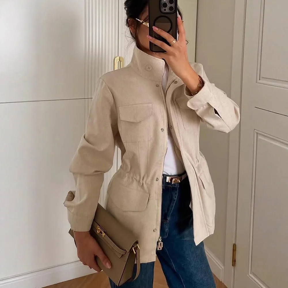 

French Literary Retro Style Solid Color Lapel Elastic Waist Long Sleeve Trench Coat Jacket 2025 New