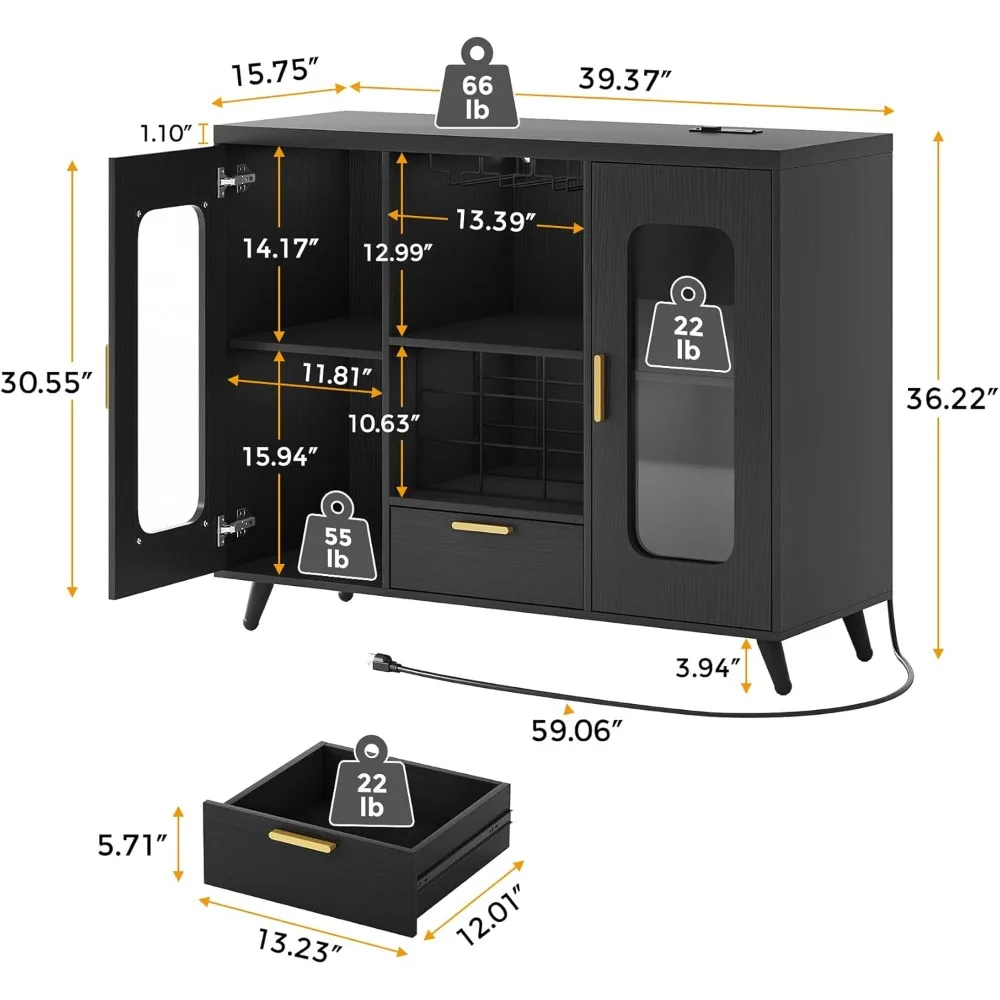 ตู้บาร์ไวน์ LED ทันสมัยพร้อมปลั๊กไฟ ที่วางแก้ว และช่องเก็บของด้านข้าง