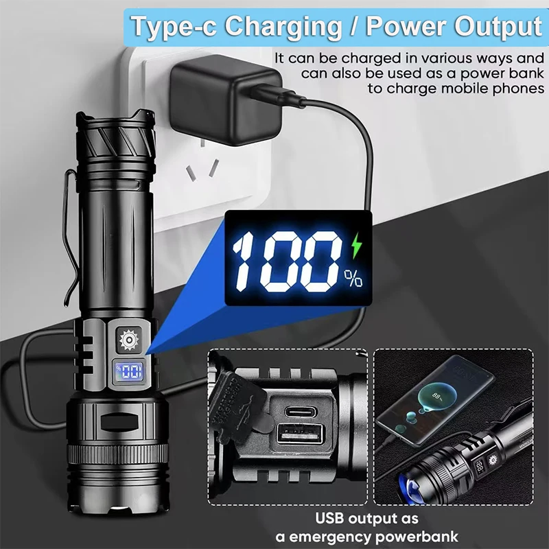 Powerful Aluminum Alloy LED Flashlight Usb Rechargeable Torch Lighting Zoomable Waterproof Flashlight With 26650 Battery view 4