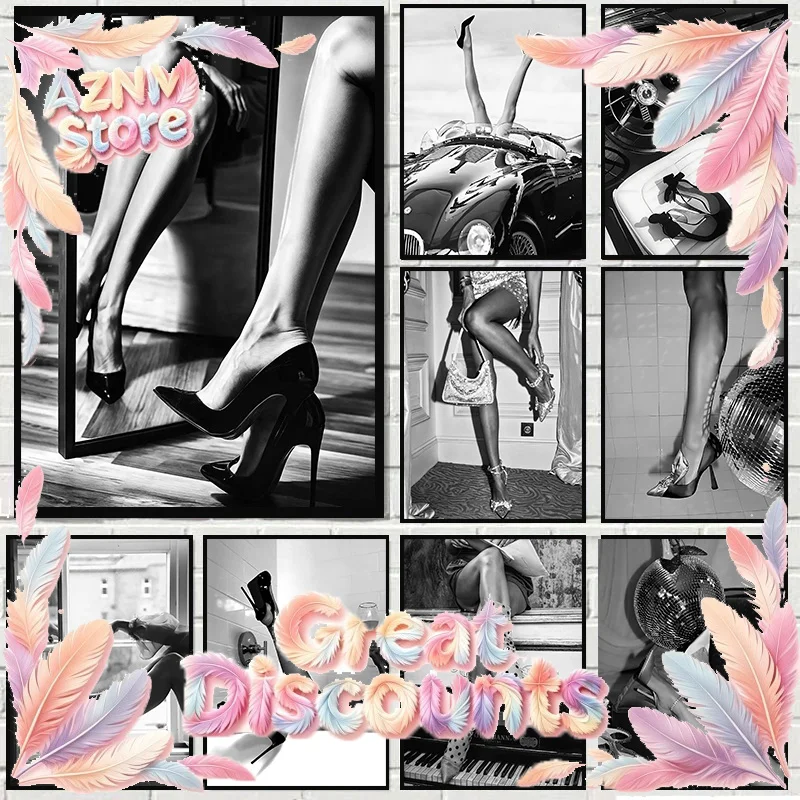 2026 Black and White Heels Fashion Luxury Posters Disco Ball Minimalistic Prints Canvas Painting Wall Pictures Home Girl's Room 