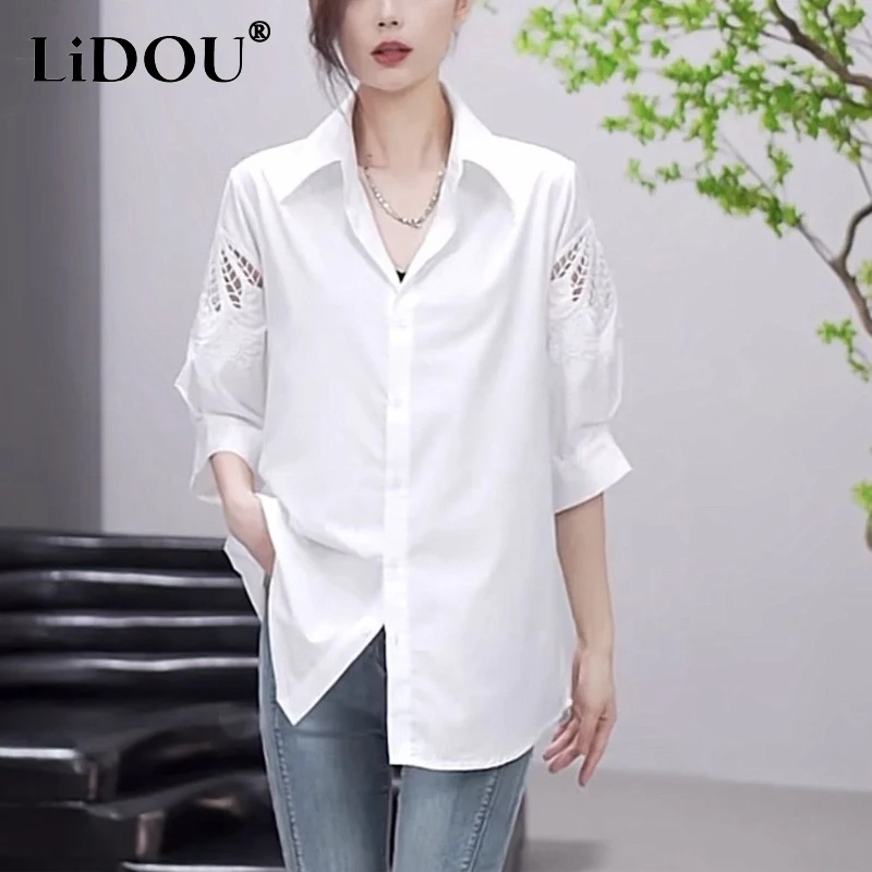 

Summer New POLO Collar Three Quarter Solid Color Shirt Women Hollow Out Embroidery Single Breasted Cardigan All-match Cotton Top