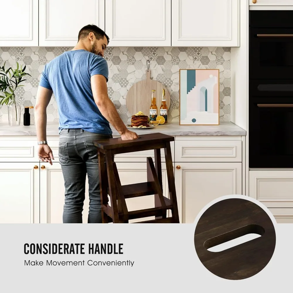 Multifunctional Wooden 3-Step Folding Ladder with Storage Shelf and Flower Rack