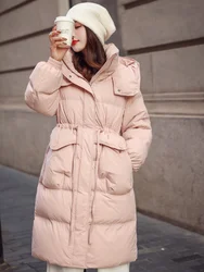 Winter Down Jacket Women 90 White Duck Hooded Long Down Coats Drawstring Slim Thin  Thick Warm Loose Casual Coat Woman Coat